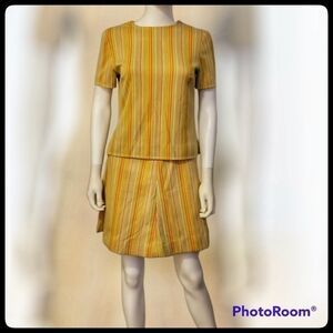 VTG 1960s-1970s HANDMADE Yellow Striped Polyester Striped Mini Skirt Set